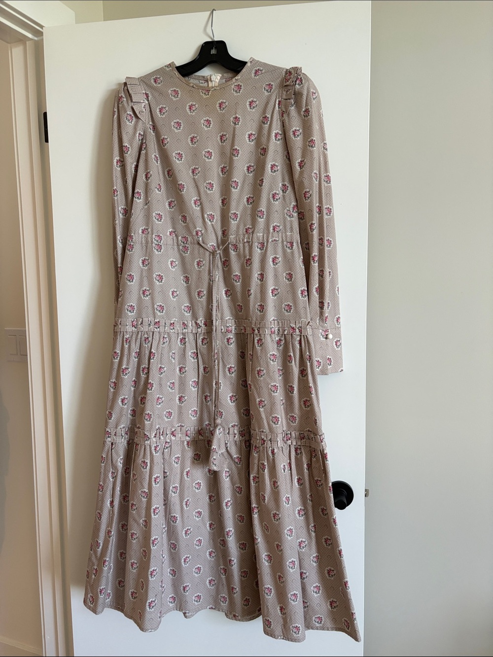 Tiered Long-Sleeve Midi Dress in Beige with Pink Floral
